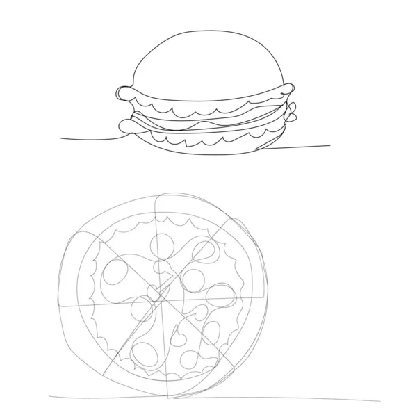 Vettore Sfondo Bianco Linea Continua Disegno Pizza Hamburger — Vettoriale Stock