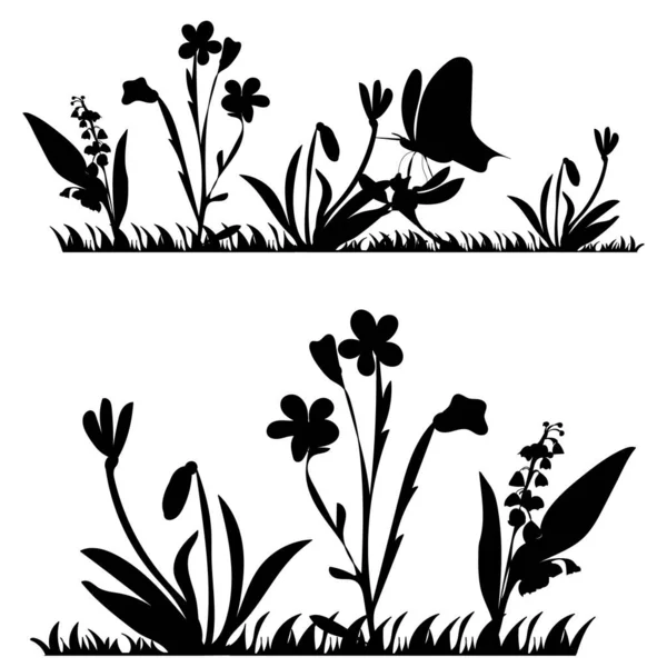 Silhouette Von Gras Und Pflanzen Blumen — Stockvektor