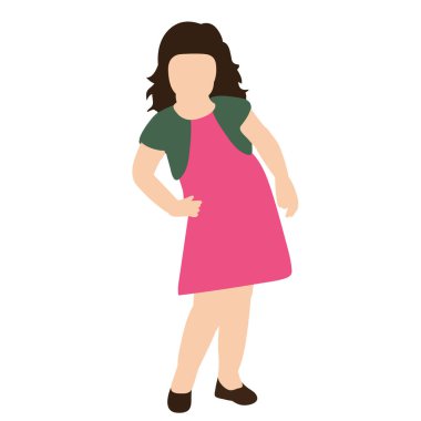 Beyaz bir arka planda, düz stil küçük bir kızda, yüzü yok.