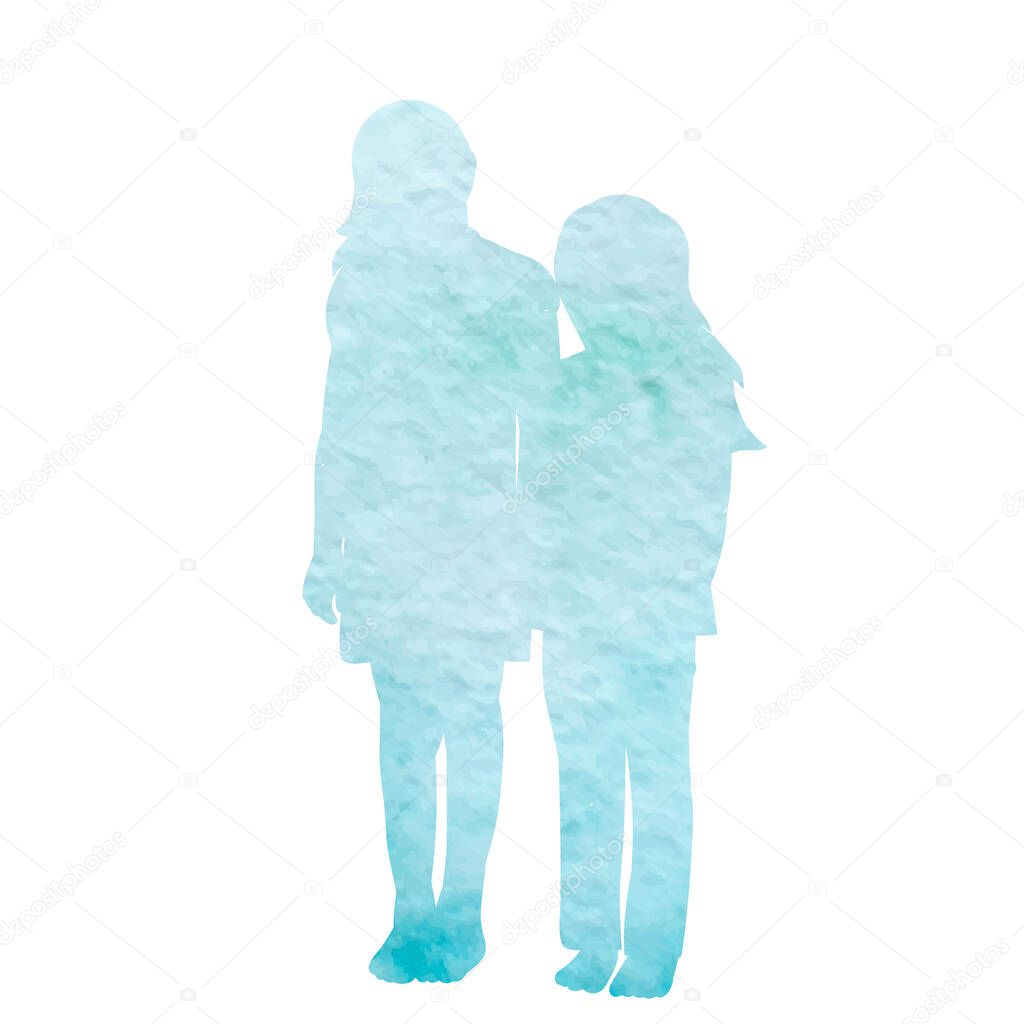 white background, watercolor silhouette of a blue kids