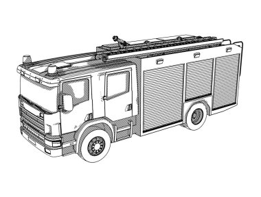 Beyaz arkaplanda bir itfaiye aracı çizimi