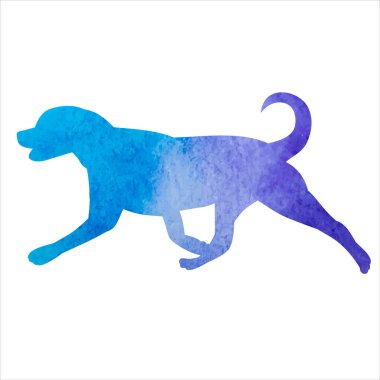 Beyaz arkaplanda, suluboya köpek yürüyüşü silueti.