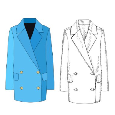 vektör, beyaz arka planda, mavi sonbahar kadın ceketi