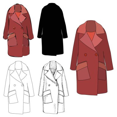 vektör, beyaz arkaplanda, kadın kıyafetleri, çizimli ceket, set, koleksiyon