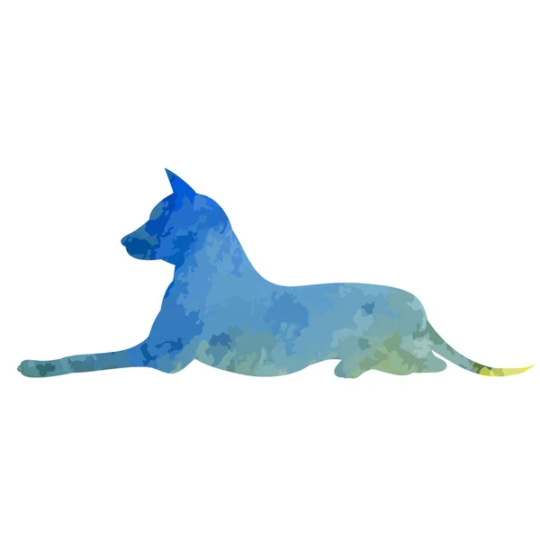 Vektor Vit Bakgrund Blå Akvarell Silhuett Hund Ligger — Stock vektor