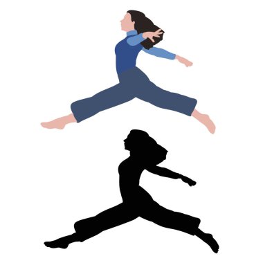 Beyaz arka plan, dans eden bir kızın siyah silüeti.