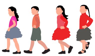 vektör, beyaz arka planda, düz stil, çocuklar gider