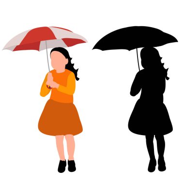 Beyaz arka planda vektör. Yüzü olmayan, şemsiyeli küçük kız.