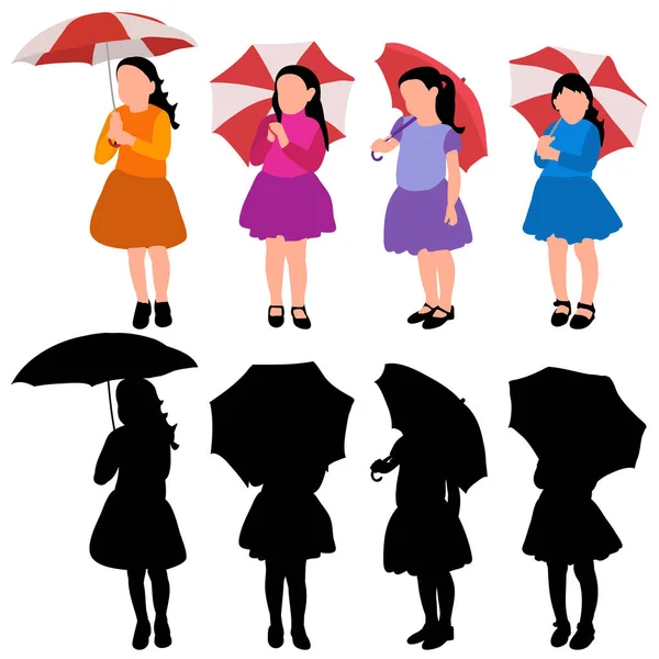 White Background Faceless Silhouette Child Girl Umbrella Set — Stock Vector