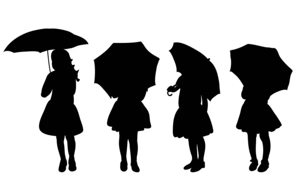 Fond Blanc Silhouette Noire Une Enfant Fille Avec Parapluie Ensemble — Image vectorielle