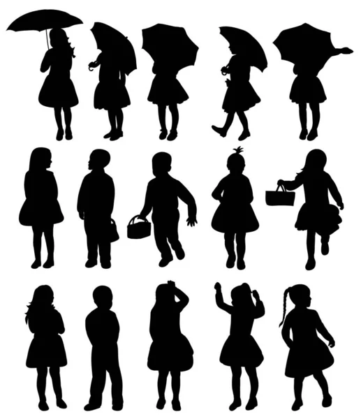 White Background Black Silhouette Kids Set — Stock Vector