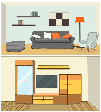 vektör, oturma odası, kanepe, televizyon.