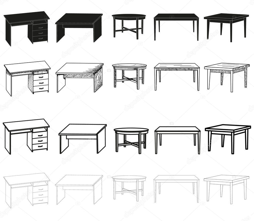 vector, isolated sketch of a table, collection, silhouette of a table set