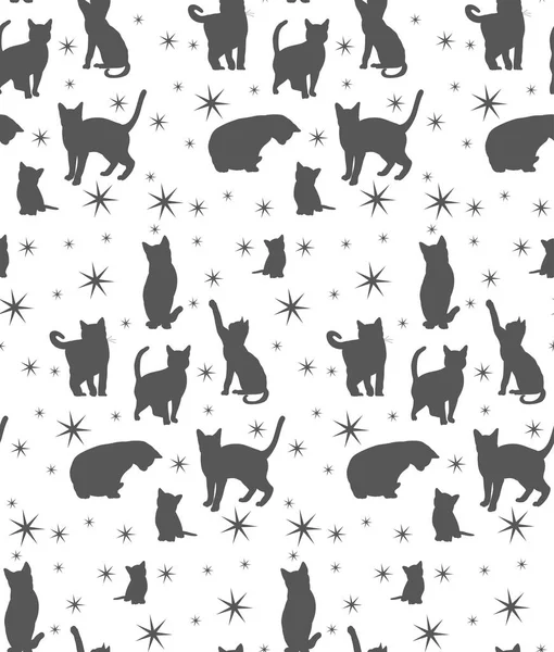 猫和星星无缝的背景轮廓 — 图库矢量图片