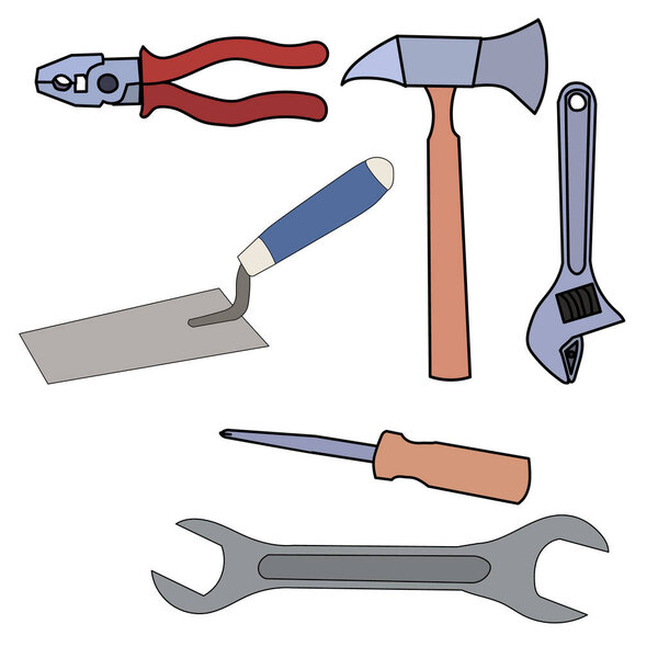 white background, construction tool set