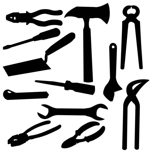 White Background Construction Tool Set Silhouettes — Stock Vector
