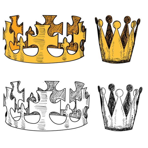 Fondo Blanco Conjunto Corona Oro Colección Con Boceto — Archivo Imágenes Vectoriales