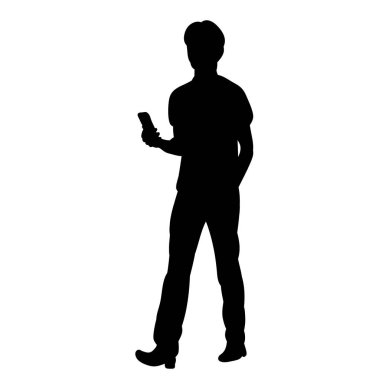 vektör, beyaz arka planda telefonu olan adamın izole edilmiş silueti.