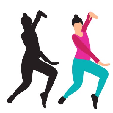 vektör, beyaz arkaplan üzerinde, kız dans, düz stil, siluet ile