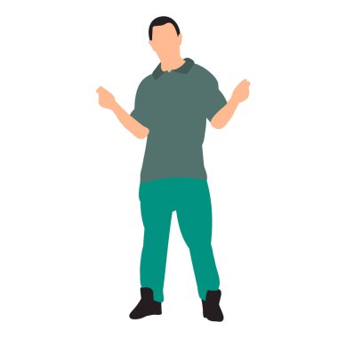 Beyaz arka plan, bir adam düz bir şekilde duruyor, yüzü olmadan.