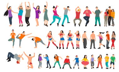 vektör, beyaz arka planda, dans eden bir grup insan.