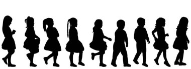 vektör, beyaz arkaplan üzerinde, siluet çocuklar gitmek