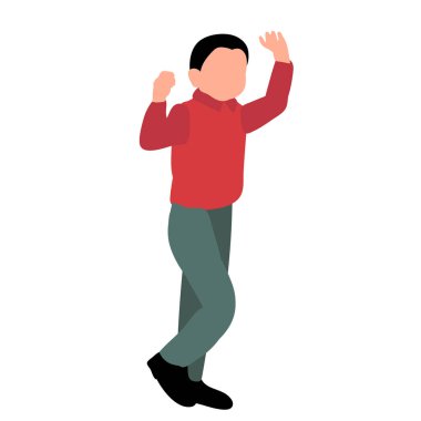 Beyaz arka plan, yüzü olmayan bir çocuk yürüyor.