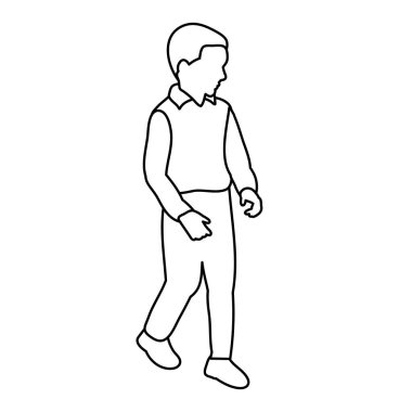Beyaz arka plan, taslak, basit çizgiler, çocuk yürüyor.