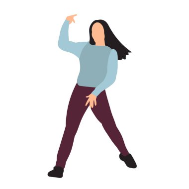 Kız dans ediyor, yüzü yok, düz bir tarzda, beyaz bir arka planda.