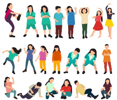 Çocuklar dans ediyor, yüzü yok, düz bir tarzda, beyaz arka planda, vektör