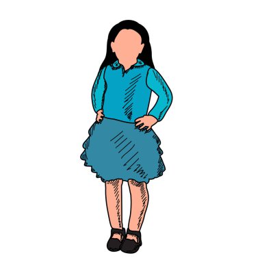 Beyaz arkaplan, bebek kız çizgileri olan çok renkli çizimler.