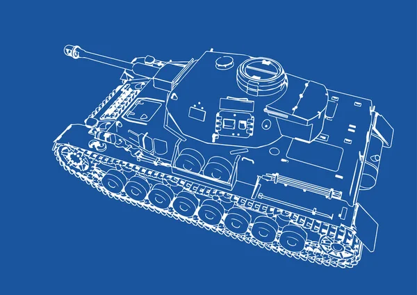 Mavi Arka Plan Vektörüne Eski Askeri Teçhizat Tankı Çizimi — Stok Vektör