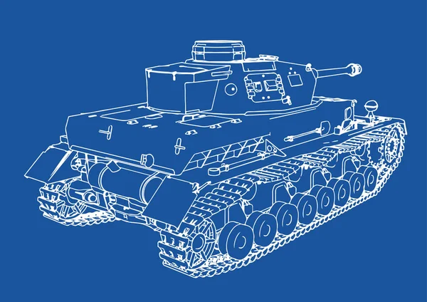 Zeichnung Eines Alten Panzers Mit Militärischer Ausrüstung Auf Blauem Hintergrund — Stockvektor