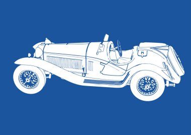 Mavi arka planda beyazlı bir retro araba çizimi