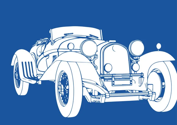 Zeichnung Eines Retro Autos Weiß Auf Blauem Hintergrund — Stockvektor