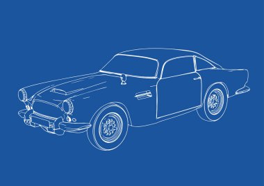 Mavi arkaplan vektörü üzerinde retro bir arabanın çizimi