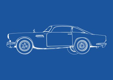 Mavi arkaplan vektörü üzerinde retro bir arabanın çizimi