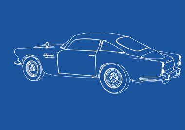 Mavi arkaplan vektörü üzerinde retro bir arabanın çizimi