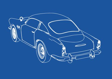 Mavi arkaplan vektörü üzerinde retro bir arabanın çizimi