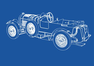 Mavi arkaplan vektörü üzerinde retro bir arabanın çizimi