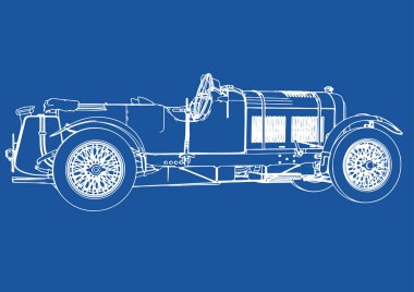 Mavi arkaplan vektörü üzerinde retro bir arabanın çizimi