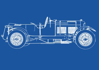 Mavi arkaplan vektörü üzerinde retro bir arabanın çizimi