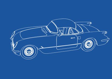 Mavi arkaplan vektörü üzerine bir retro spor araba çizimi