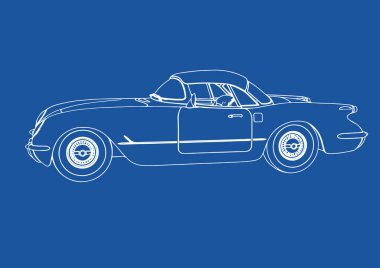 Mavi arkaplan vektörü üzerine bir retro spor araba çizimi