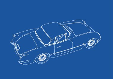 Mavi arkaplan vektörü üzerine bir retro spor araba çizimi