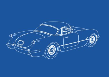 Mavi arkaplan vektörü üzerine bir retro spor araba çizimi
