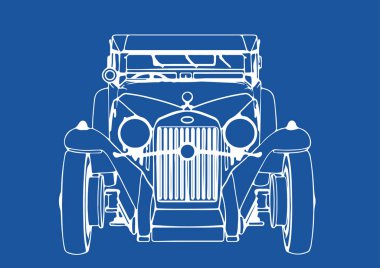 Mavi arkaplan vektörü üzerinde retro bir arabanın çizimi