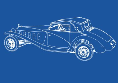 Mavi arkaplan vektörü üzerinde retro bir arabanın çizimi