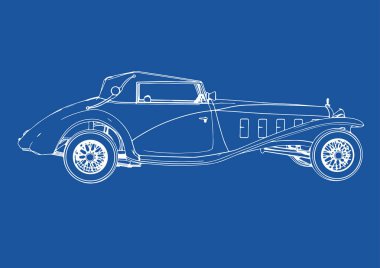 Mavi arkaplan vektörü üzerinde retro bir arabanın çizimi