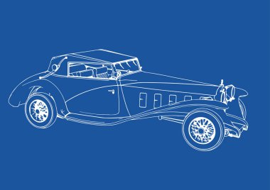 Mavi arkaplan vektörü üzerinde retro bir arabanın çizimi